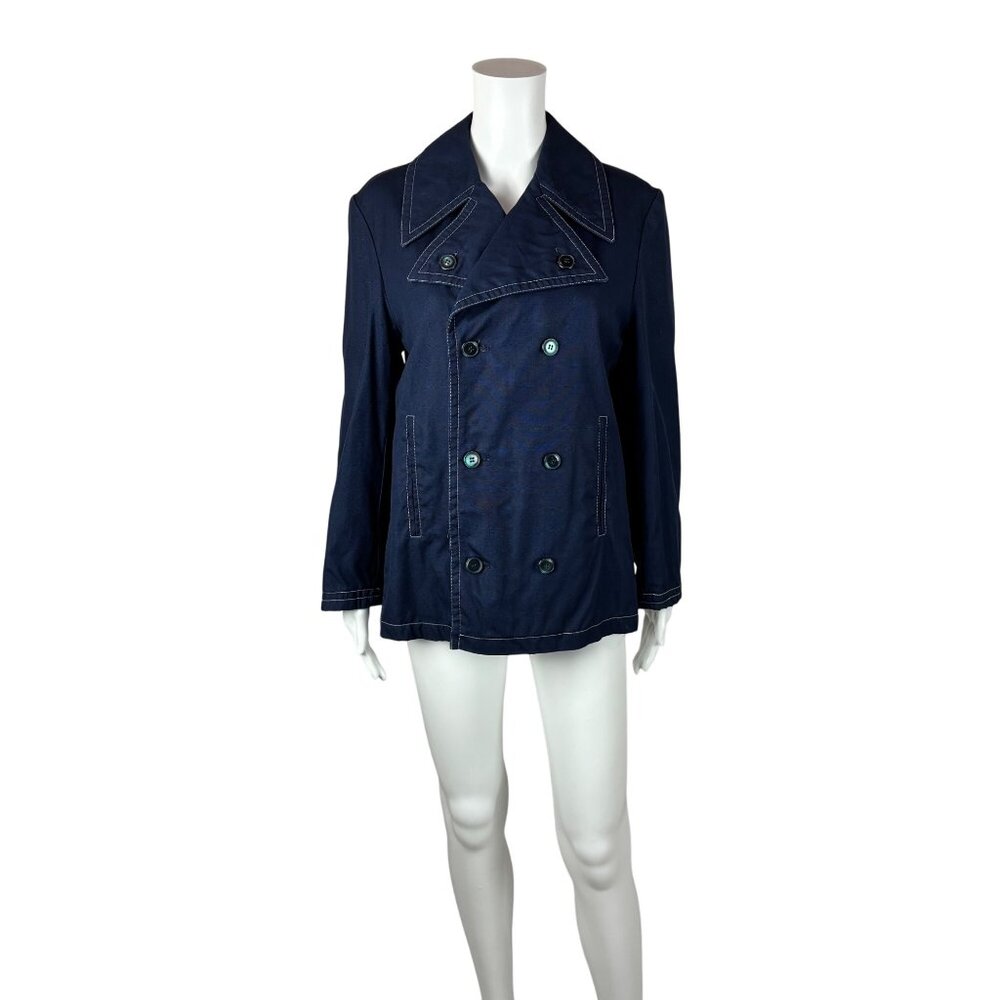 Vintage 70s Trench Jacket Women's Medium Navy Blue Nautical Peacoat Europe Craft